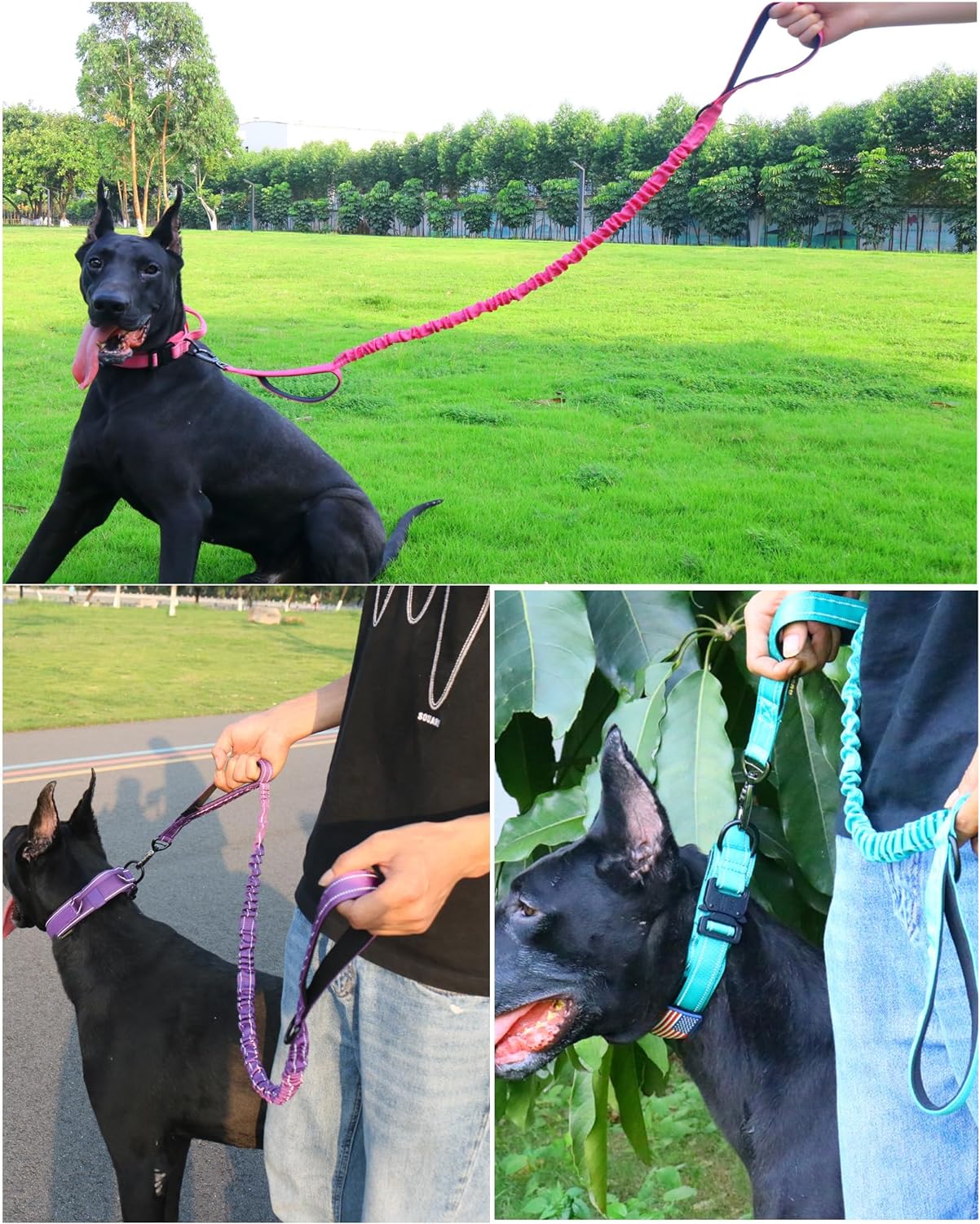 AUBELL Tactical Dog Collar and Leash Set, Adjustable Military Nylon Reflective Dog Leash and Collar with Handle and Heavy Metal Buckle for Medium Large Dogs, with Airtag Holder and 2 Patches(Pink, L)