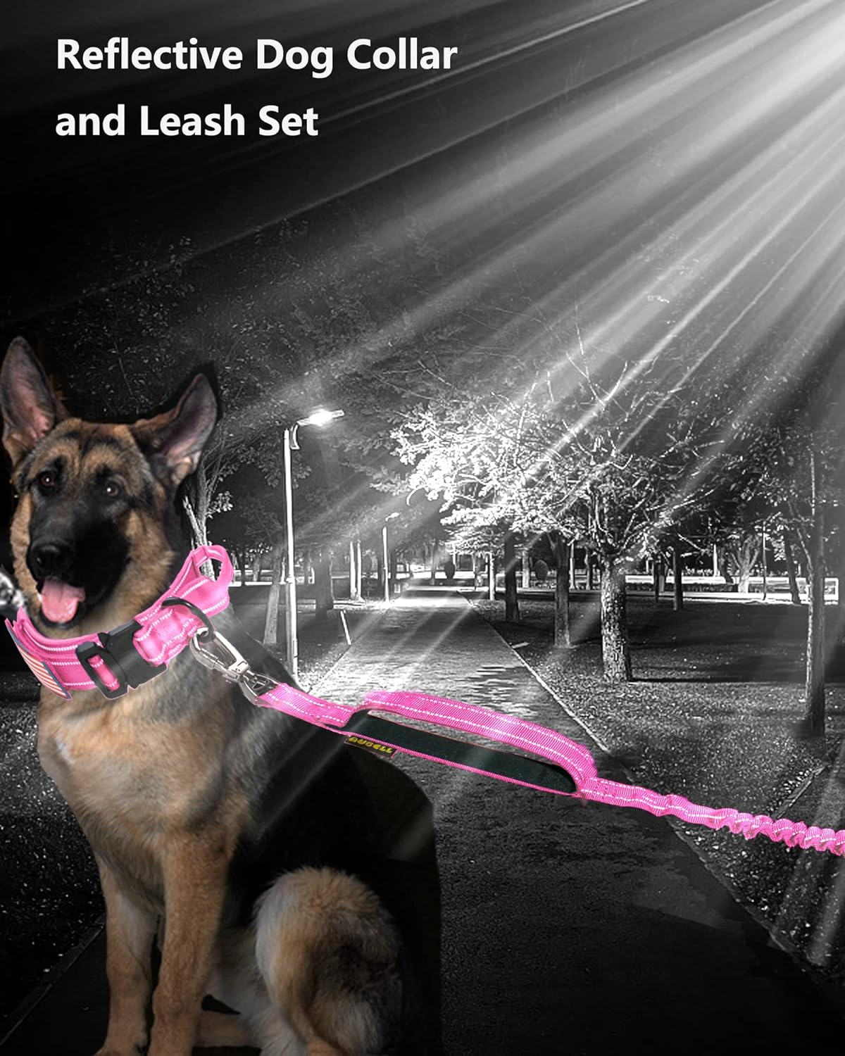 AUBELL Tactical Dog Collar and Leash Set, Adjustable Military Nylon Reflective Dog Leash and Collar with Handle and Heavy Metal Buckle for Medium Large Dogs, with Airtag Holder and 2 Patches(Pink, L)