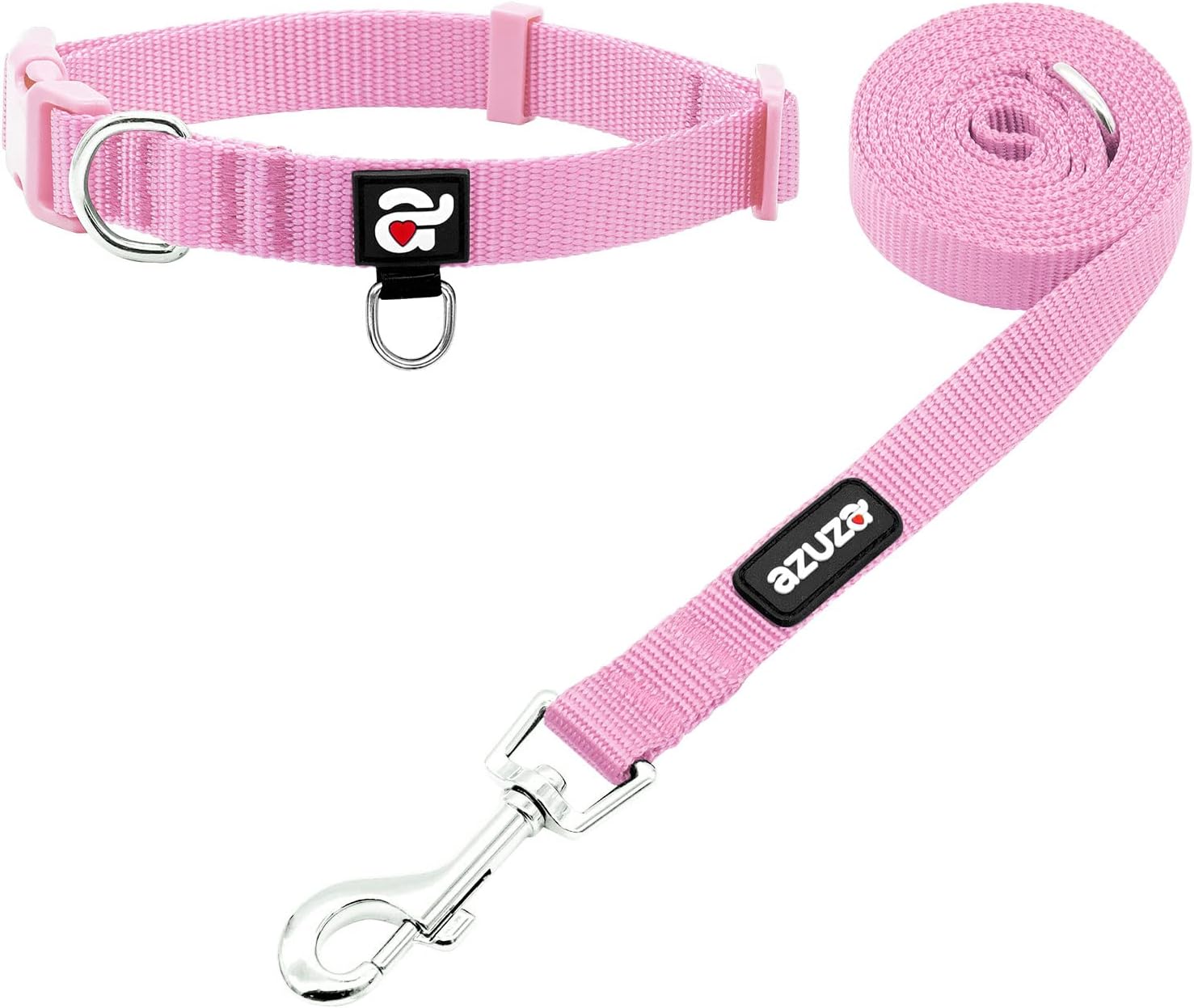 azuza Nylon Dog Collar and Leash Set, Strong  Durable Basic Style Leash and Collar with ID Tag Ring, Available in Multiple Lengths for Small Dogs, Pink,S