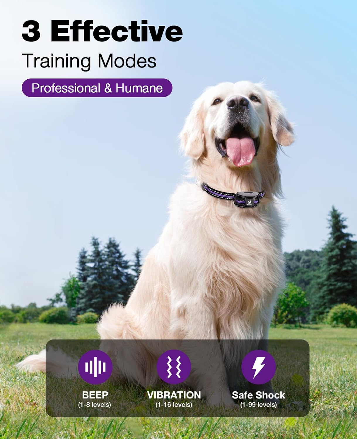 Bousnic Dog Shock Collar - 3300Ft Dog Training Collar with Remote for 5-120lbs Small Medium Large Dogs Rechargeable Waterproof e Collar with Beep (1-8), Vibration(1-16), Safe Shock(1-99) Modes(Purple)