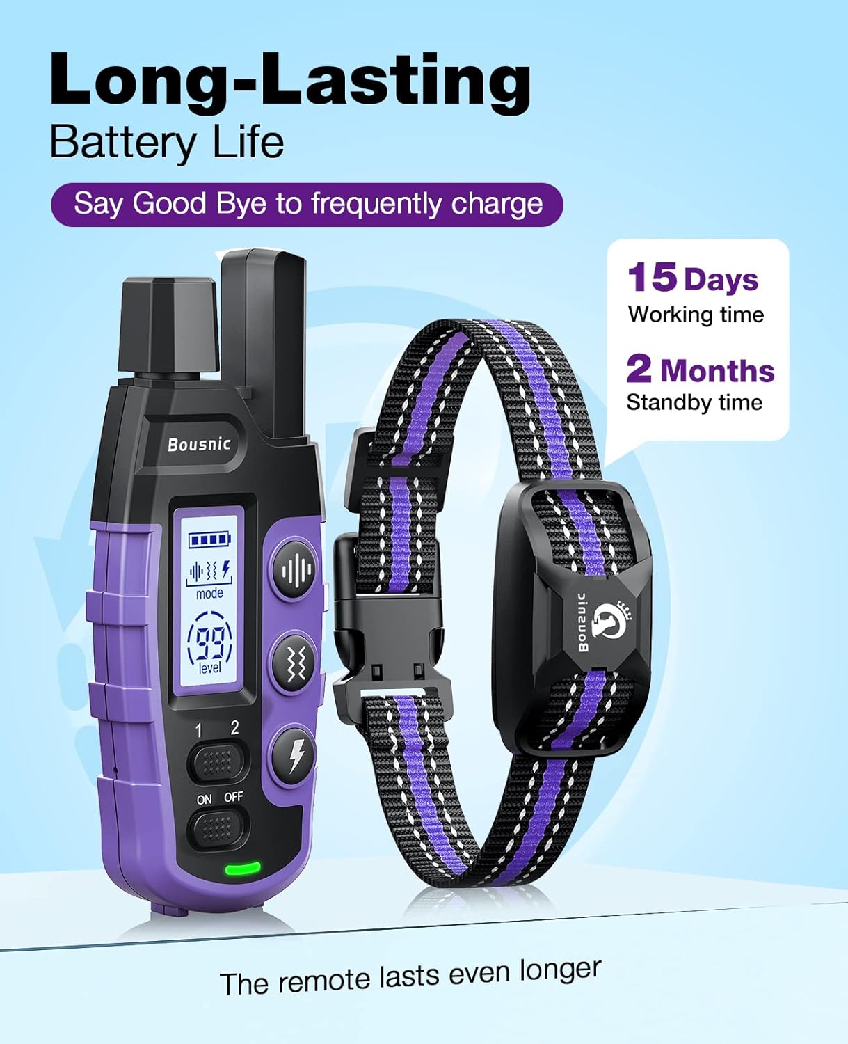 Bousnic Dog Shock Collar - 3300Ft Dog Training Collar with Remote for 5-120lbs Small Medium Large Dogs Rechargeable Waterproof e Collar with Beep (1-8), Vibration(1-16), Safe Shock(1-99) Modes(Purple)