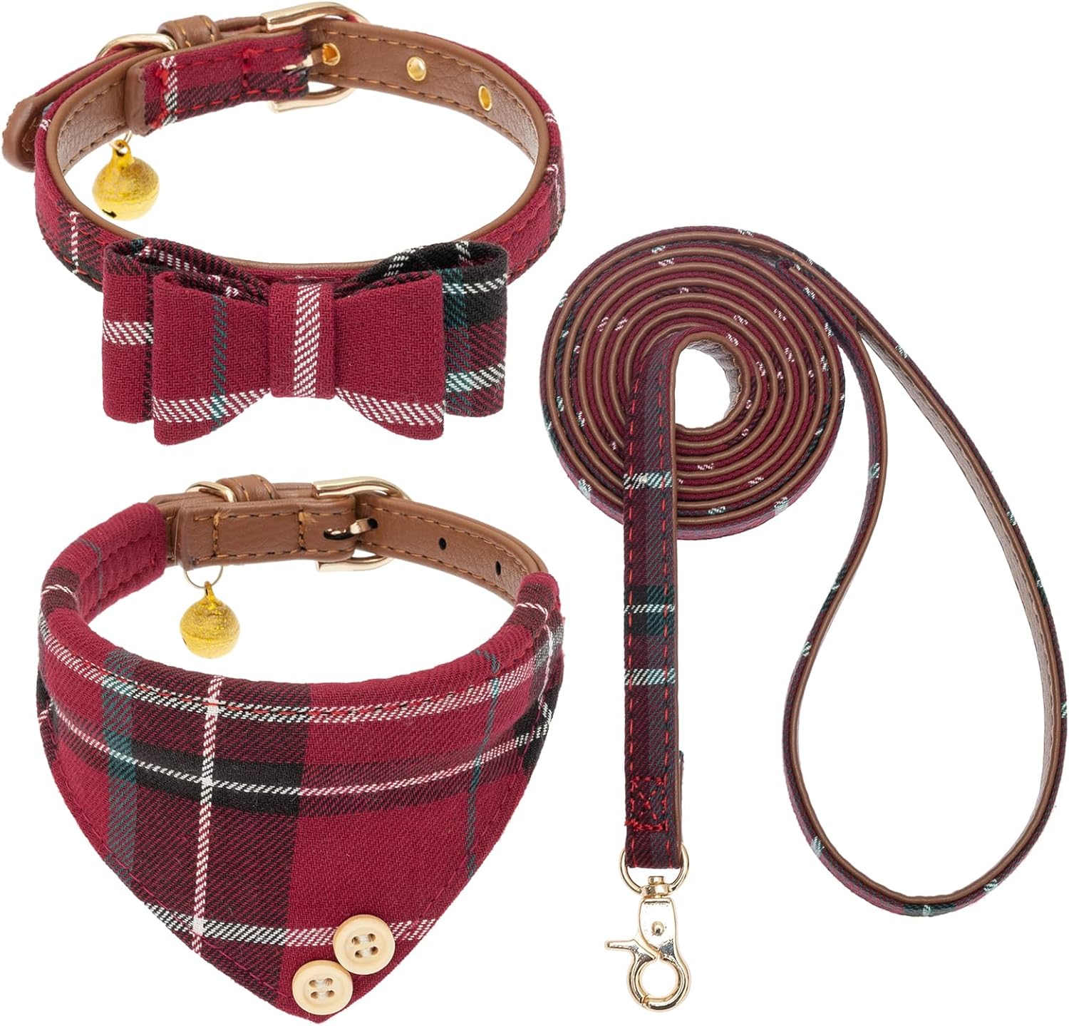 Bow Tie Dog Collar and Leash Set for Small Dogs - Puppy Leash Collars Classic Beige Plaid - Adjustable Size with Golden Bell - Perfect for Medium Breeds Boys