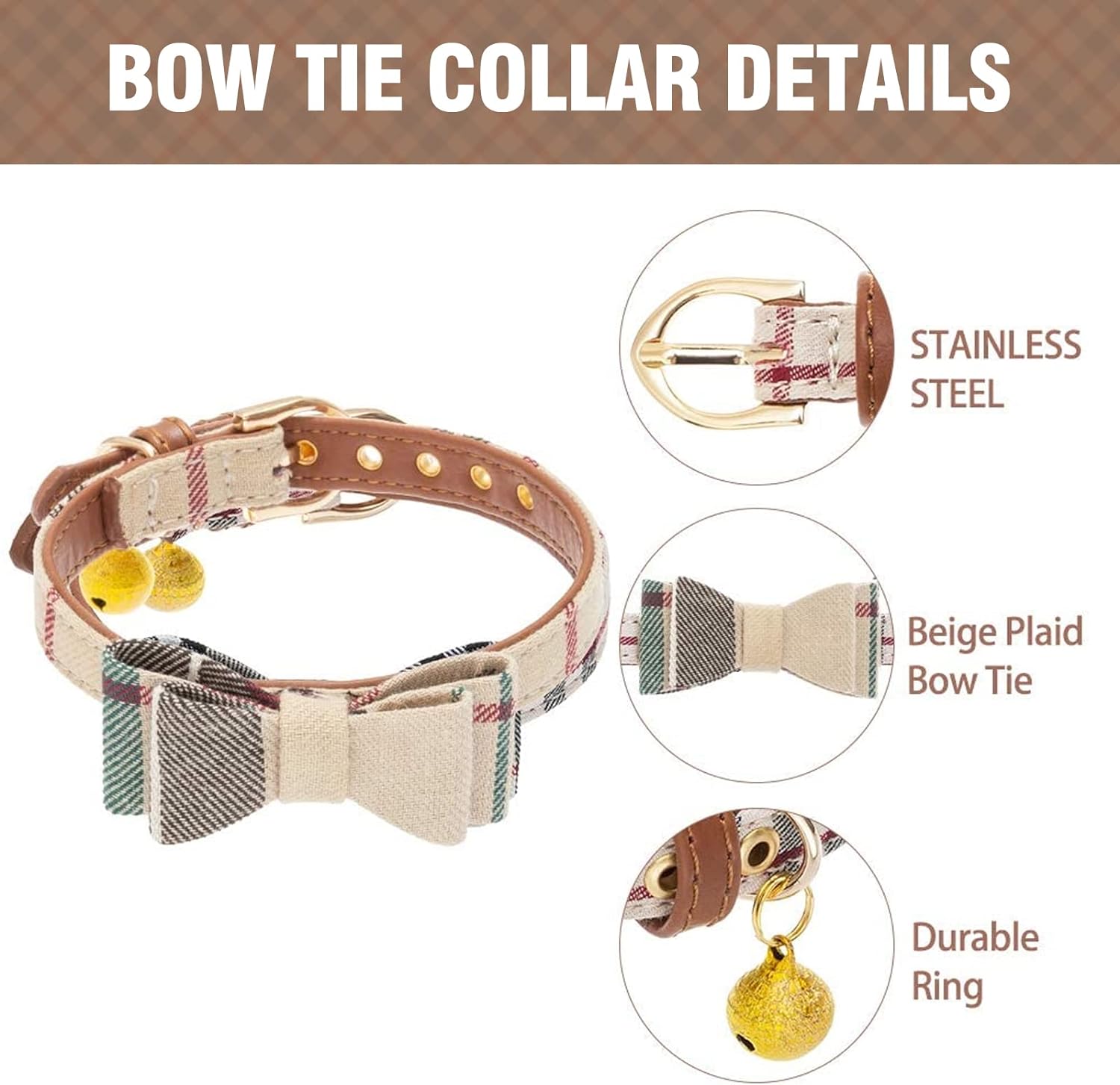 Bow Tie Dog Collar and Leash Set for Small Dogs - Puppy Leash Collars Classic Beige Plaid - Adjustable Size with Golden Bell - Perfect for Medium Breeds Boys