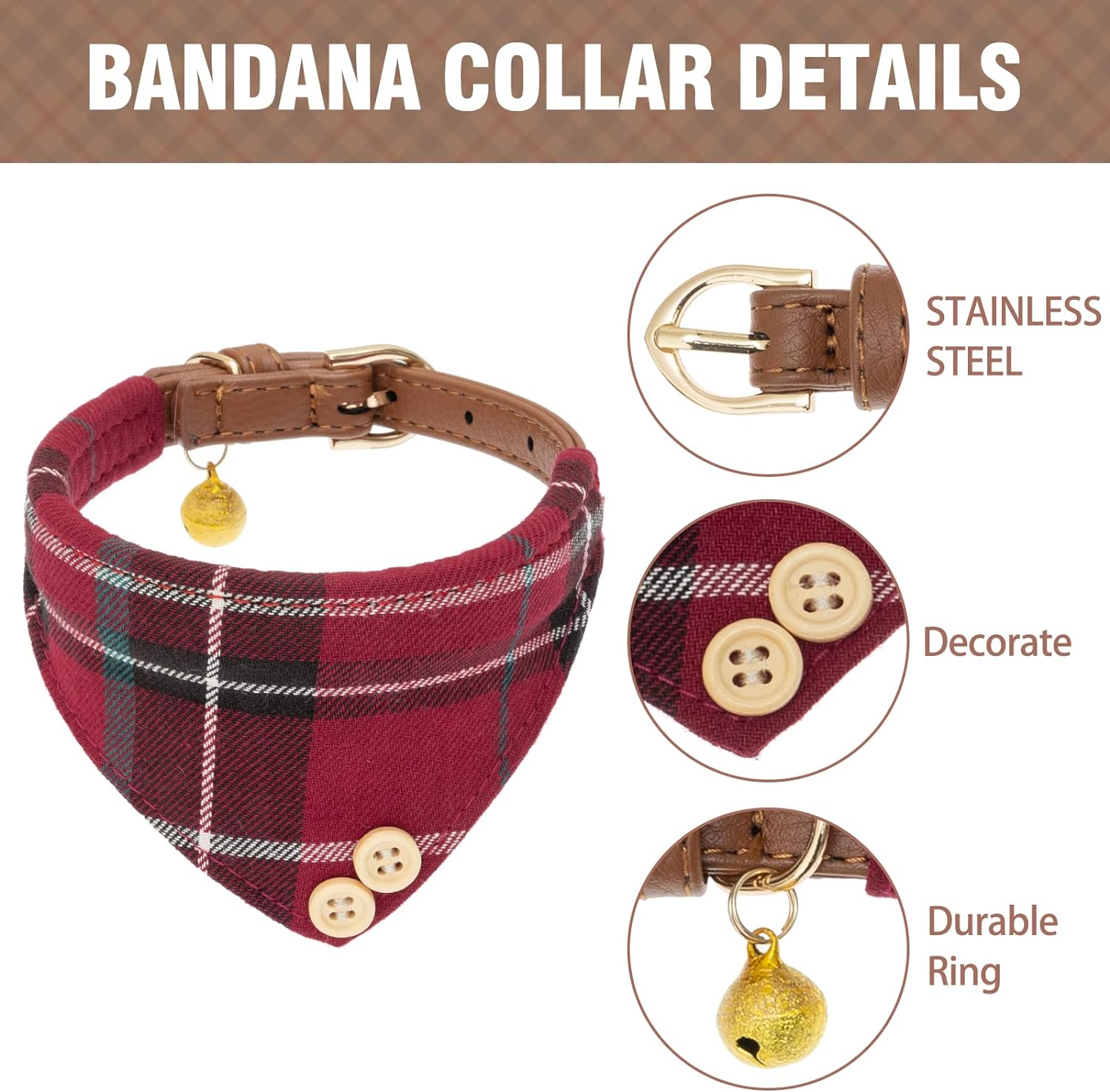 Bow Tie Dog Collar and Leash Set for Small Dogs - Puppy Leash Collars Classic Beige Plaid - Adjustable Size with Golden Bell - Perfect for Medium Breeds Boys