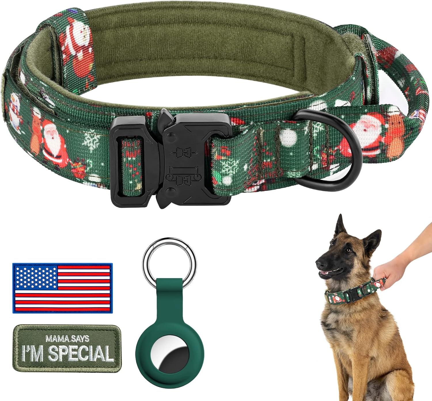 DAGANXI Tactical Dog Collar Leash Set, Adjustable Military Training Nylon Dog Collar with Controll Handle and Heavy Metal Buckle for Medium and Large Dogs，with Patches and Airtags Case (L, Black-Set)