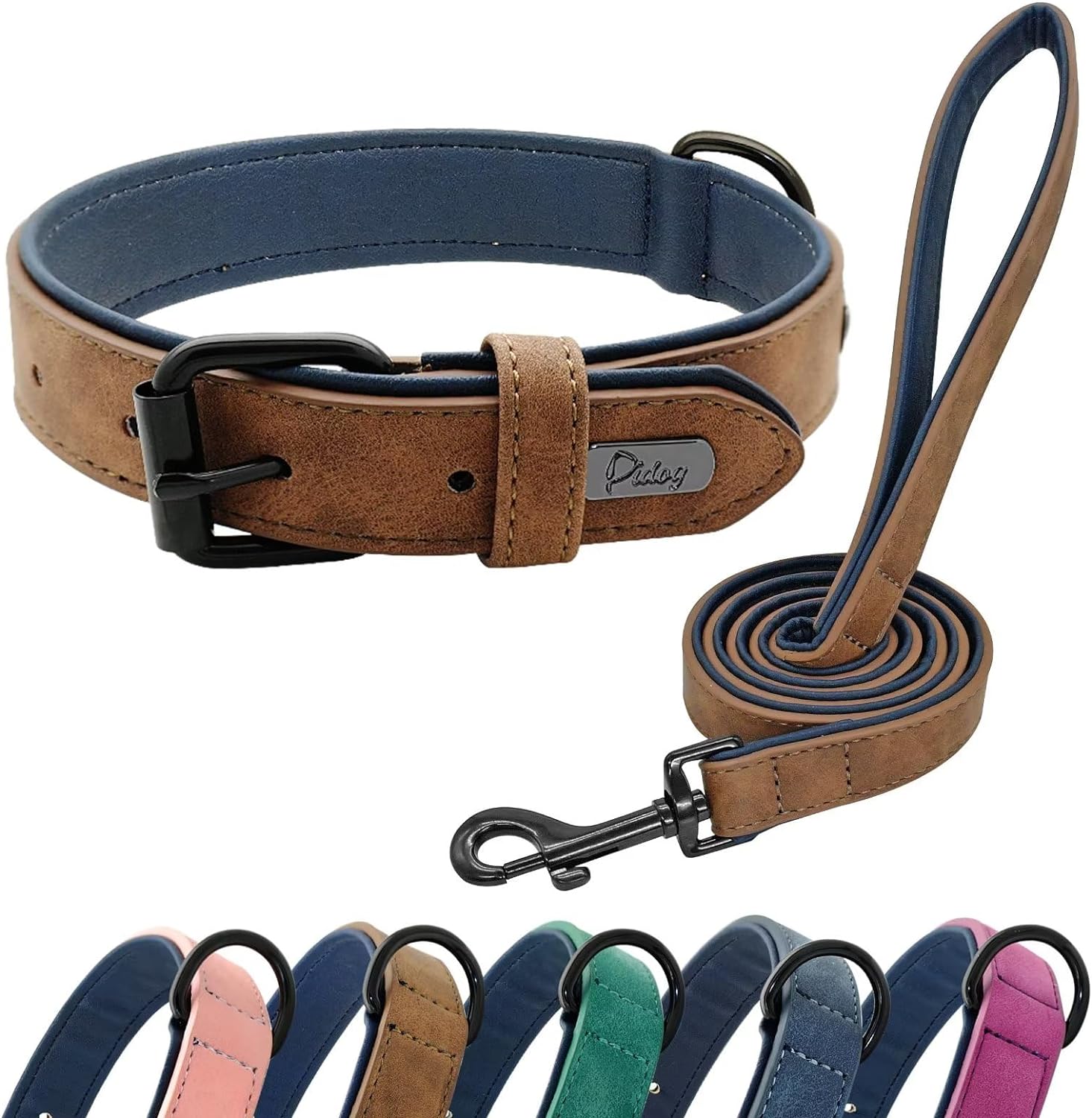 Didog Soft Padded Leather Dog Collar and Leash Set, Heavy Duty Dog Leash and Collar Set with Metal Buckle, Breathable Dog Collars with 4FT Leather Dog Leash for Small Medium Large Dogs, Brown, L