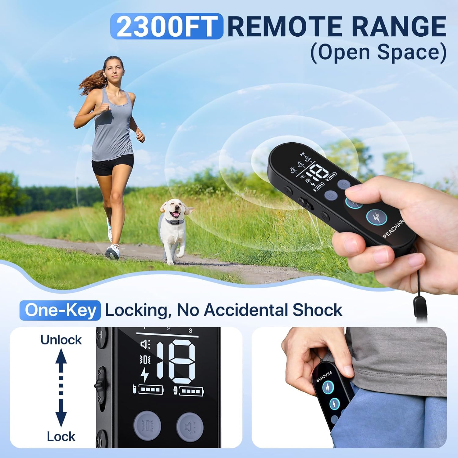 Dog Shock Collar, PEACHAR Dog Training Collar with Remote, Waterproof Shock Collar for Large Medium Small Dogs, Training Collar for Dogs with Beep Vibration Shock and Security Lock