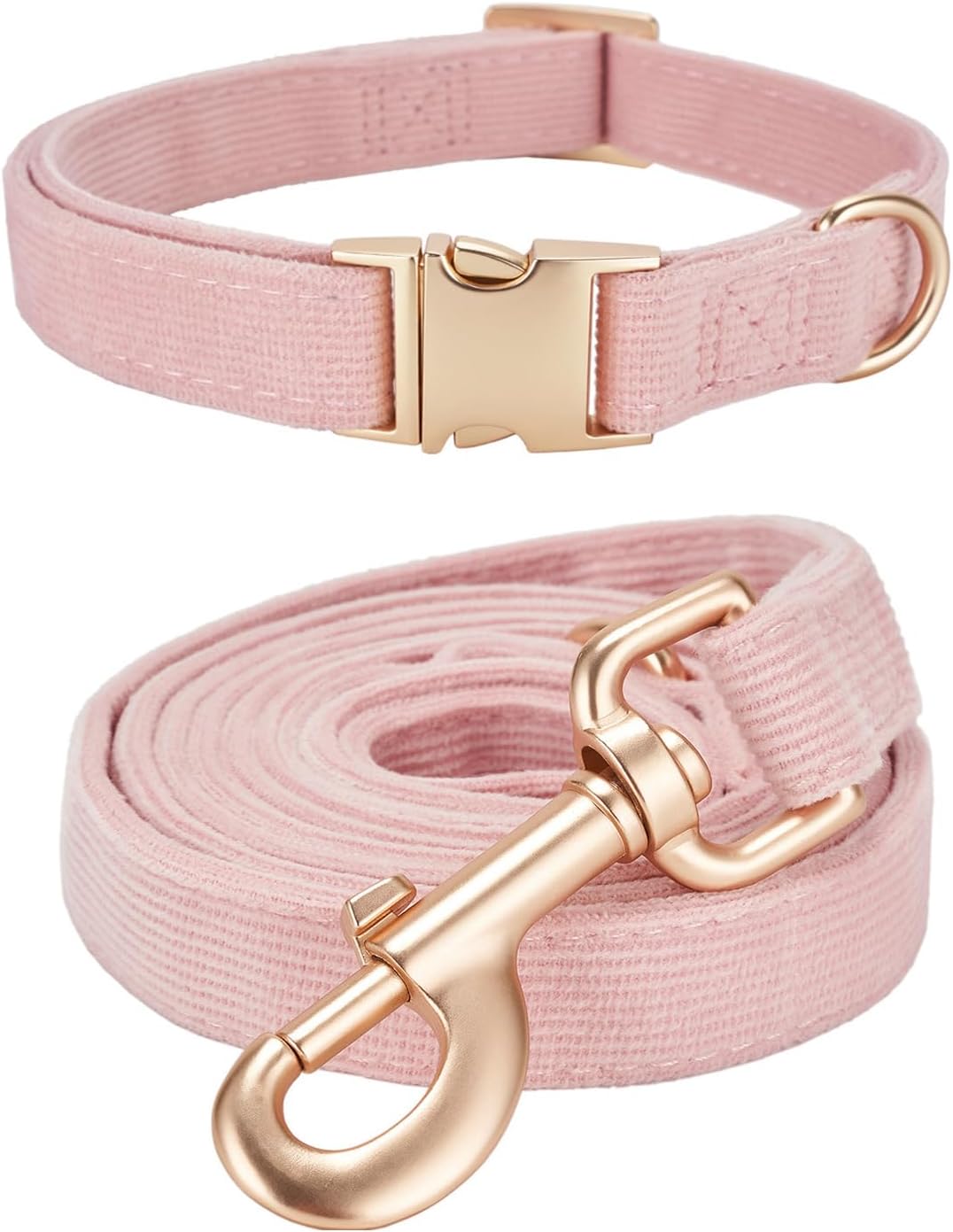 Ewinoom Soft Corduroy Dog Collar and Leash Set, Adjustable Cotton Dog Collars with Metal Buckle and Lead for Small Dogs,Baby Pink