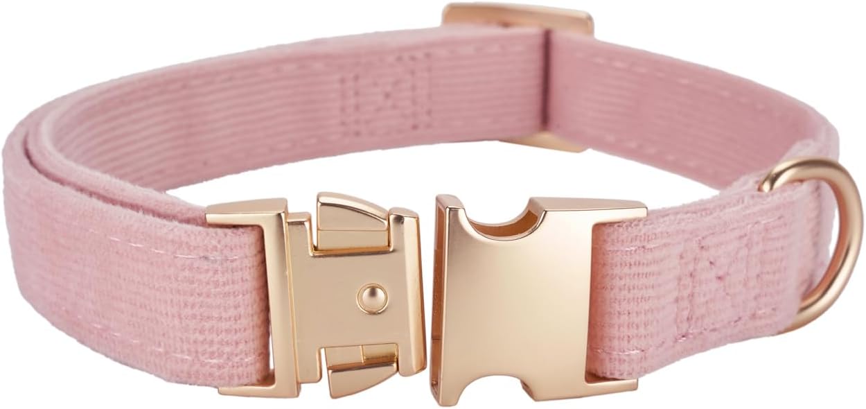 Ewinoom Soft Corduroy Dog Collar and Leash Set, Adjustable Cotton Dog Collars with Metal Buckle and Lead for Small Dogs,Baby Pink