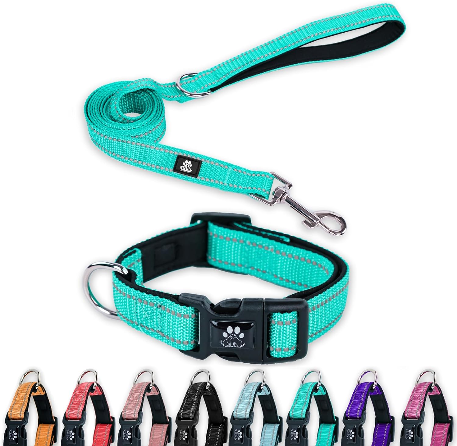 FURRYFECTION Reflective Dog Collar and Leash Set with Quick Release Buckle, Padded with Neoprene Adjustable Nylon Dog Collar for Small Medium and Large Dogs (Medium Collar+5FT Leash, Teal)