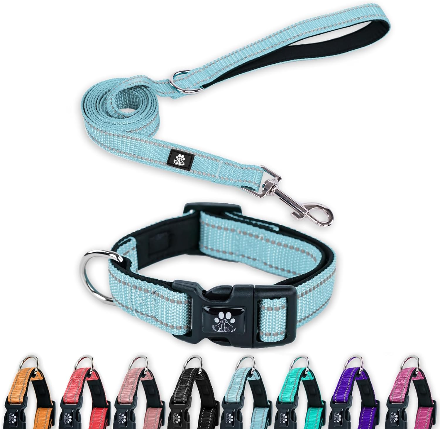 FURRYFECTION Reflective Dog Collar and Leash Set with Quick Release Buckle, Padded with Neoprene Adjustable Nylon Dog Collar for Small Medium and Large Dogs (Medium Collar+5FT Leash, Teal)