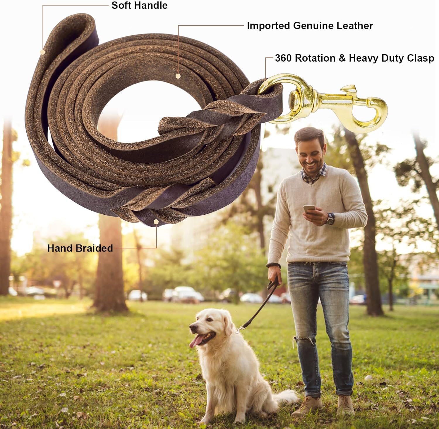 Guiding Star 6ft Leather Dog Leash and Collar Set, Soft Braided Leather Dog Leash 6ft with Adjustable Dog Collar, Heavy Duty Leather Dog Collar and Leash Set Combo for Small Medium Large Dogs