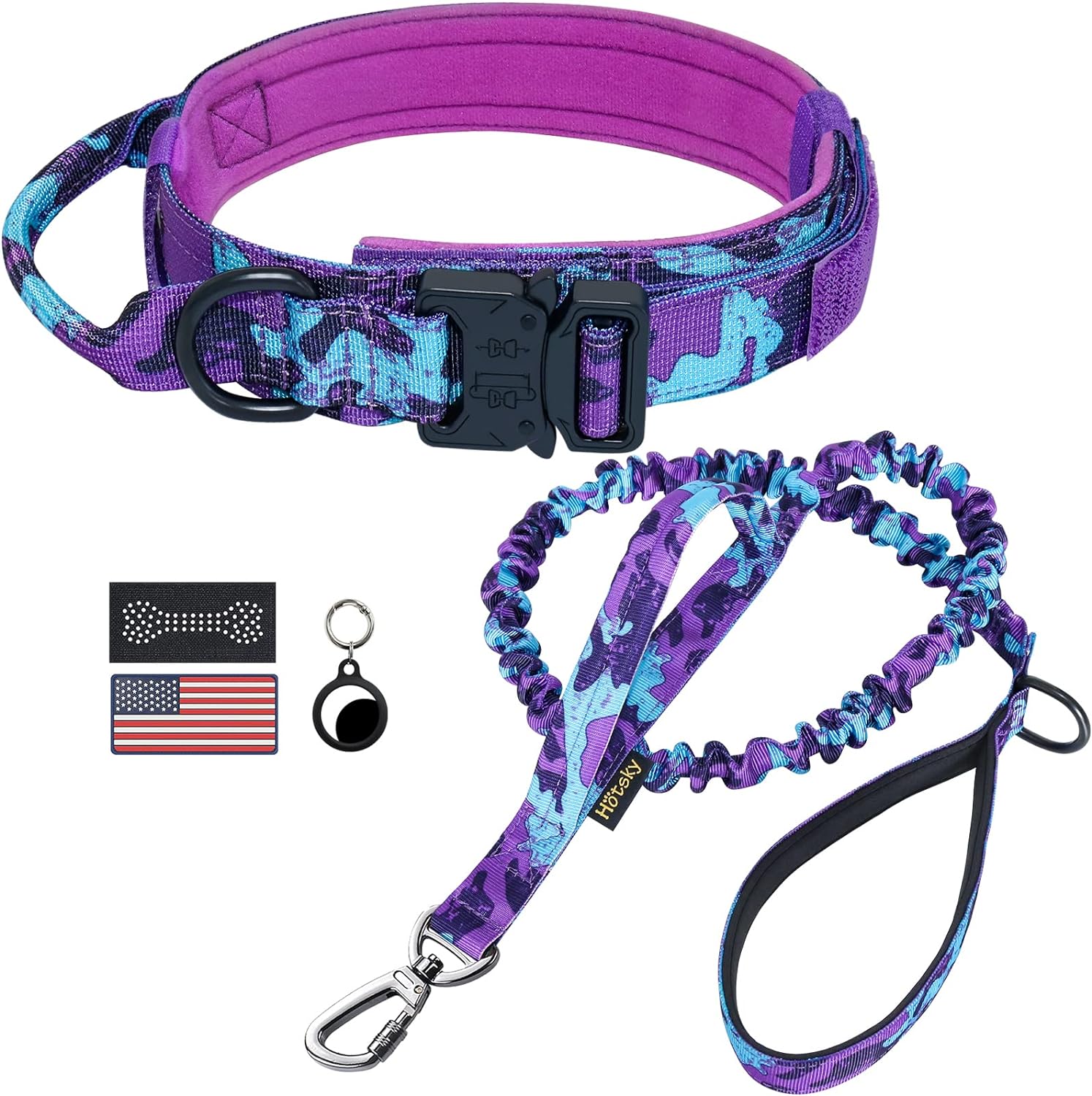 Hotsky Tactical Dog Collar and Leash Set, Heavy Duty Military Airtag Dog Collar with Handle and Metal Buckle for Training and Walking, with Airtag Holder and Two Patches(Purple Camo, L)