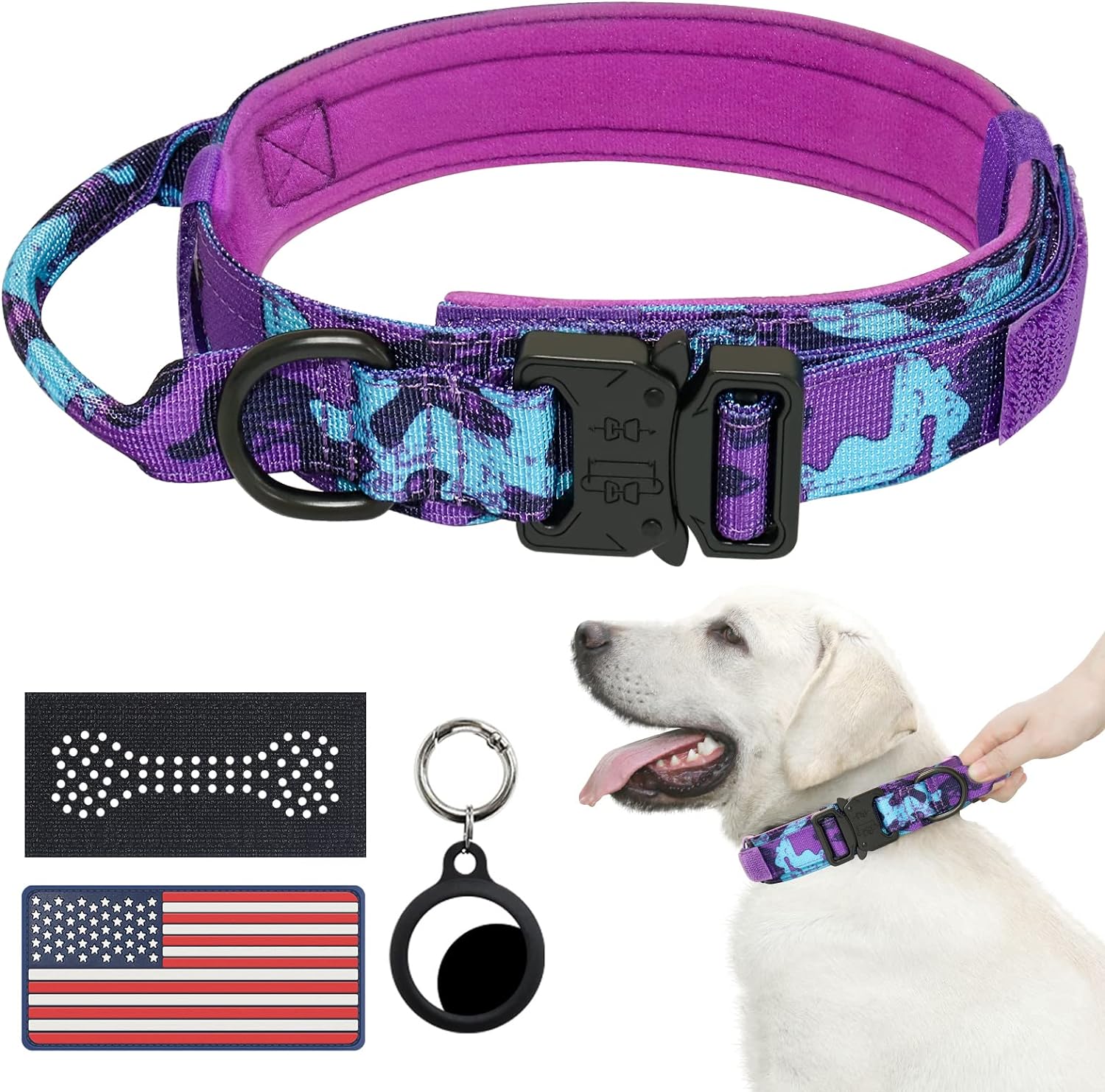 Hotsky Tactical Dog Collar and Leash Set, Heavy Duty Military Airtag Dog Collar with Handle and Metal Buckle for Training and Walking, with Airtag Holder and Two Patches(Purple Camo, L)