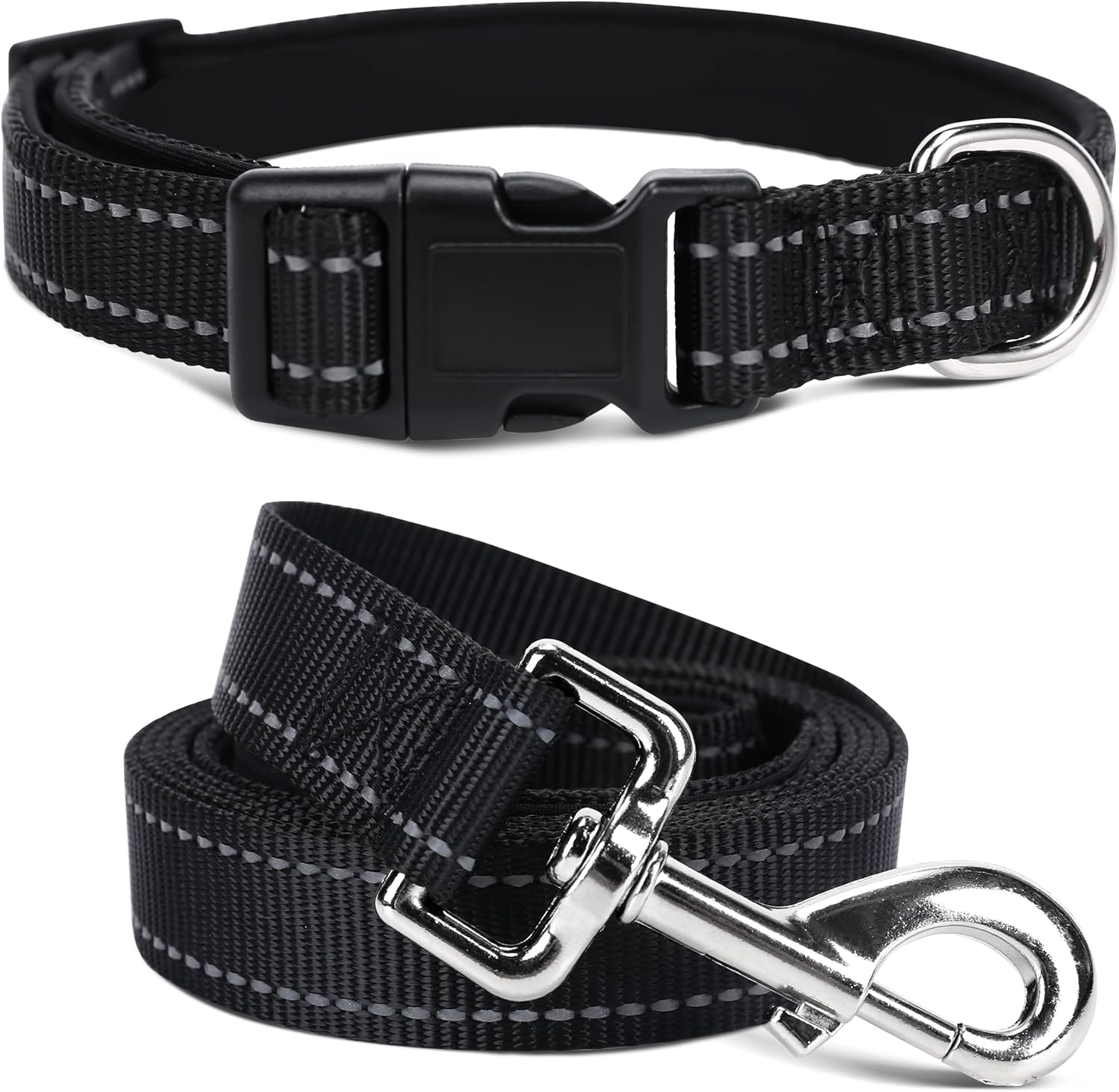 Jumpress Soft Neoprene Padded Dog Collar and Leash Set for Small Medium Large Dogs, Reflective Durable Nylon Dog Collar with 5ft Leash Easy for Walking, Black,Neck fit 10.5-15.5’’