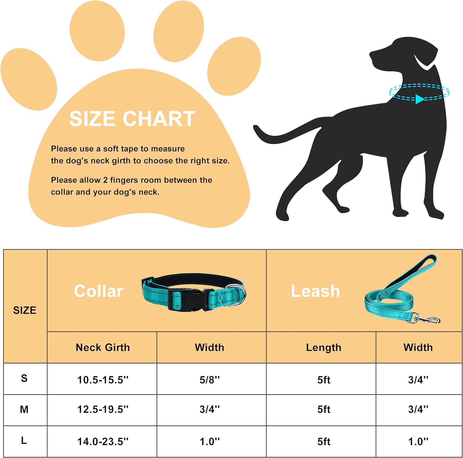 Jumpress Soft Neoprene Padded Dog Collar and Leash Set for Small Medium Large Dogs, Reflective Durable Nylon Dog Collar with 5ft Leash Easy for Walking, Black,Neck fit 10.5-15.5’’