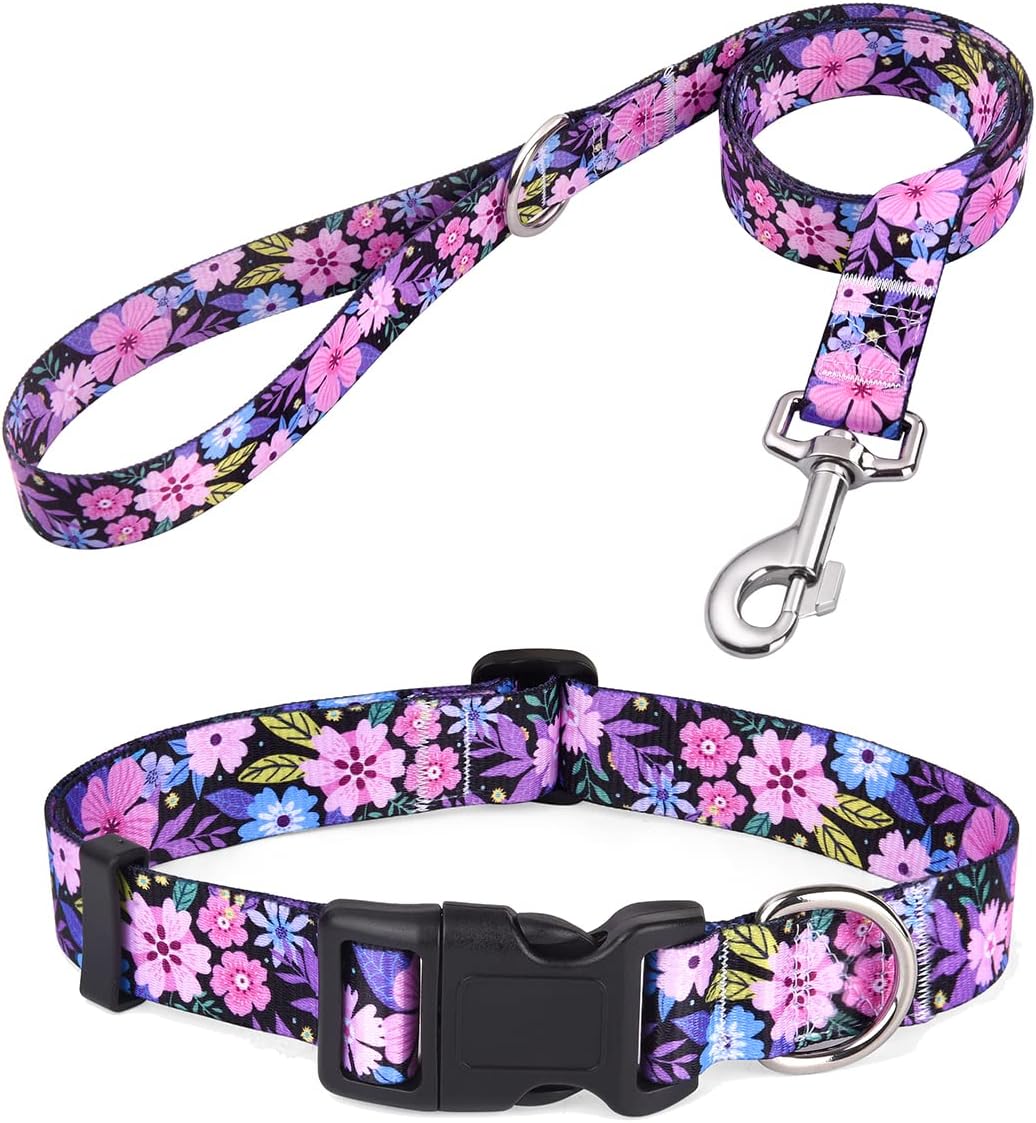 Mihqy Dog Collar and Leash Set with Bohemia Floral Tribal Geometric Patterns - Soft Ethnic Style Collar Adjustable for Small Medium Large Dogs(Pink Floral Set,S)