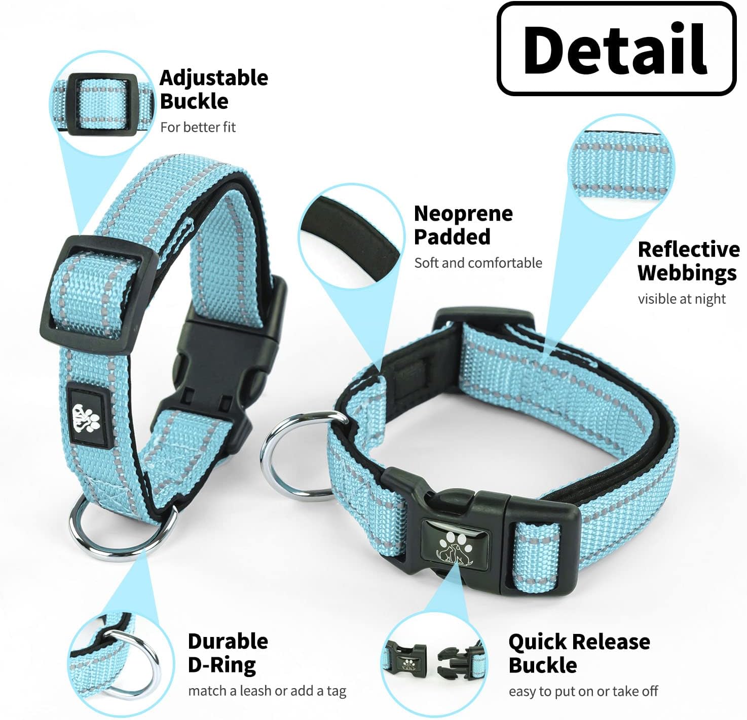 NESTROAD Reflective Dog Collar and Leash Set,Soft Neoprene Pet Collar with Quick Release Buckle,Adjustable Nylon Dog Collars for Small Medium Large Dogs(Small Collar + 5FT Leash,Black)