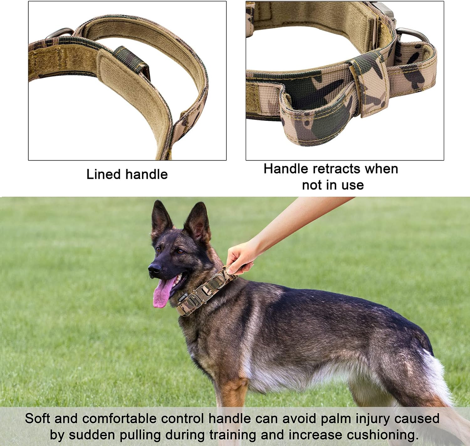 OEBEESA Tactical Dog Collar and Leash Set:-Adjustable Military Nylon Dog Collar with Handle Shock Absorbing Retractable Strong Dog Leash for Medium and Large Dogs with Airtags Holder Patches