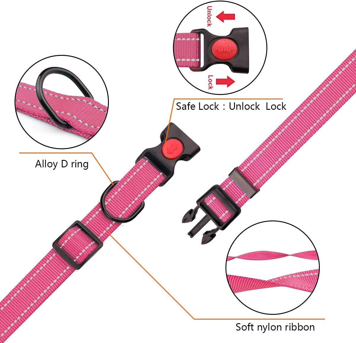 Reflective Dog Collar and Leash Set with Safety Locking Buckle Nylon Pet Collars Adjustable for Small Medium Large Dogs 3 Sizes(HotpinkM)