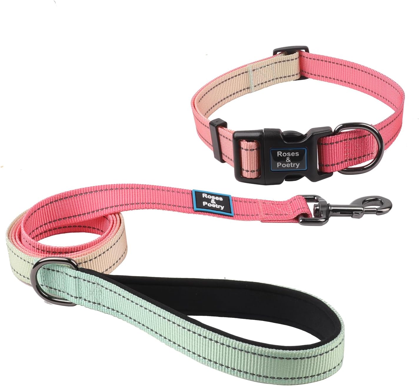 RosesPoetry Pink Dog Collar and Leash for Medium Dogs, Reflective Dog Collars and Leashes Set Girl, Adjustable Durable Collar with Leash for Outdoors, Walking, Training (Pink Gradient-M)